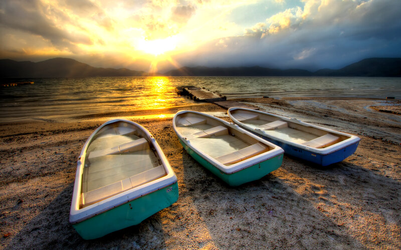 Three Boats on Beach — Gold