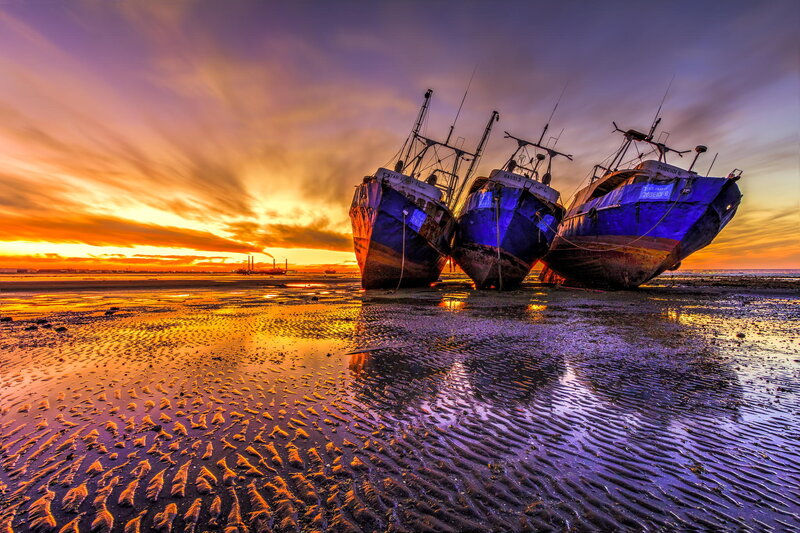 Three Boats on Beach — Orange