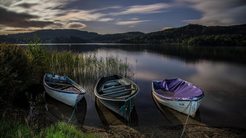 Three Boats on Lake Shore — Blue, Serene