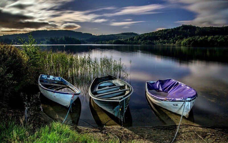Three Boats on Lake Shore — Blue