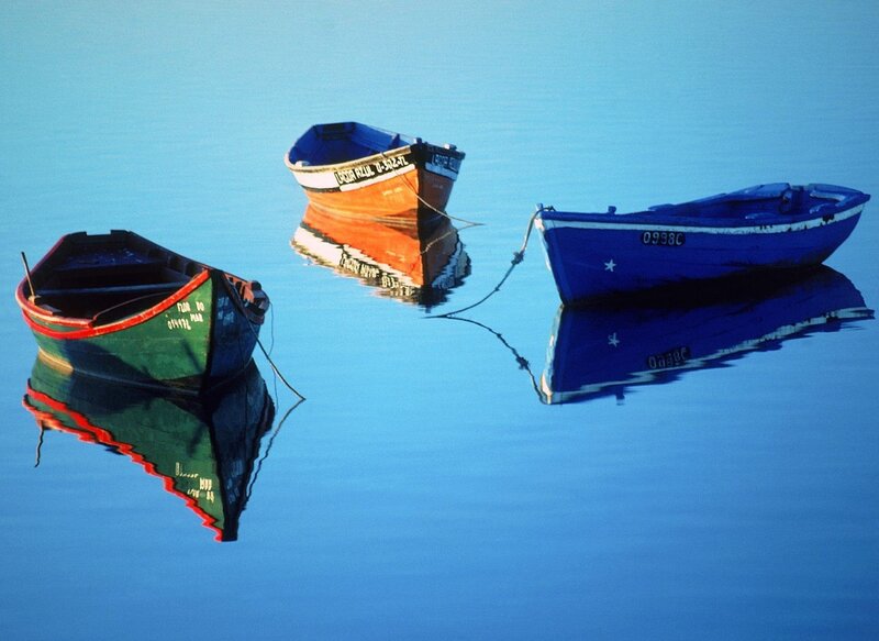 Three Boats on Water — Blue, Serene