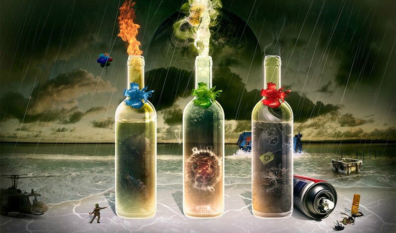 Three Bottles with Pollution — Green, Dramatic