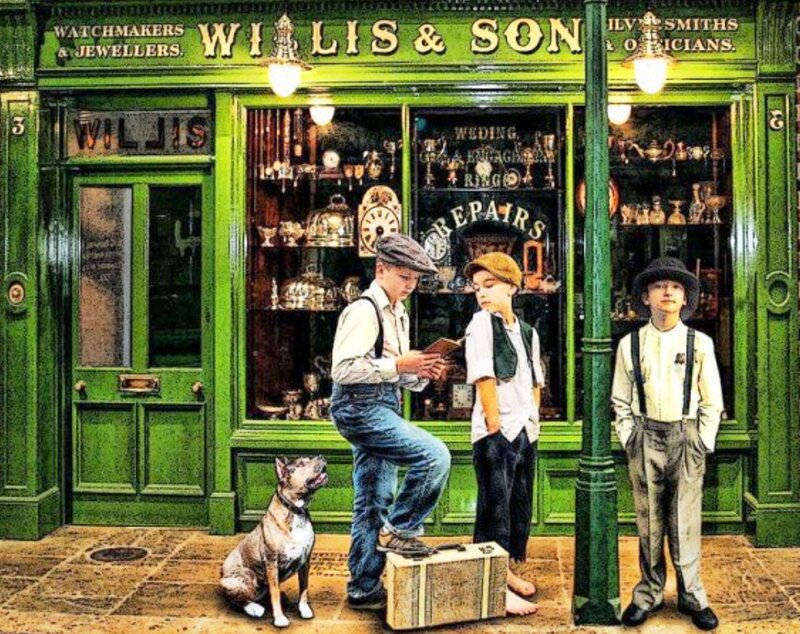 Three Boys in Front of Shop
