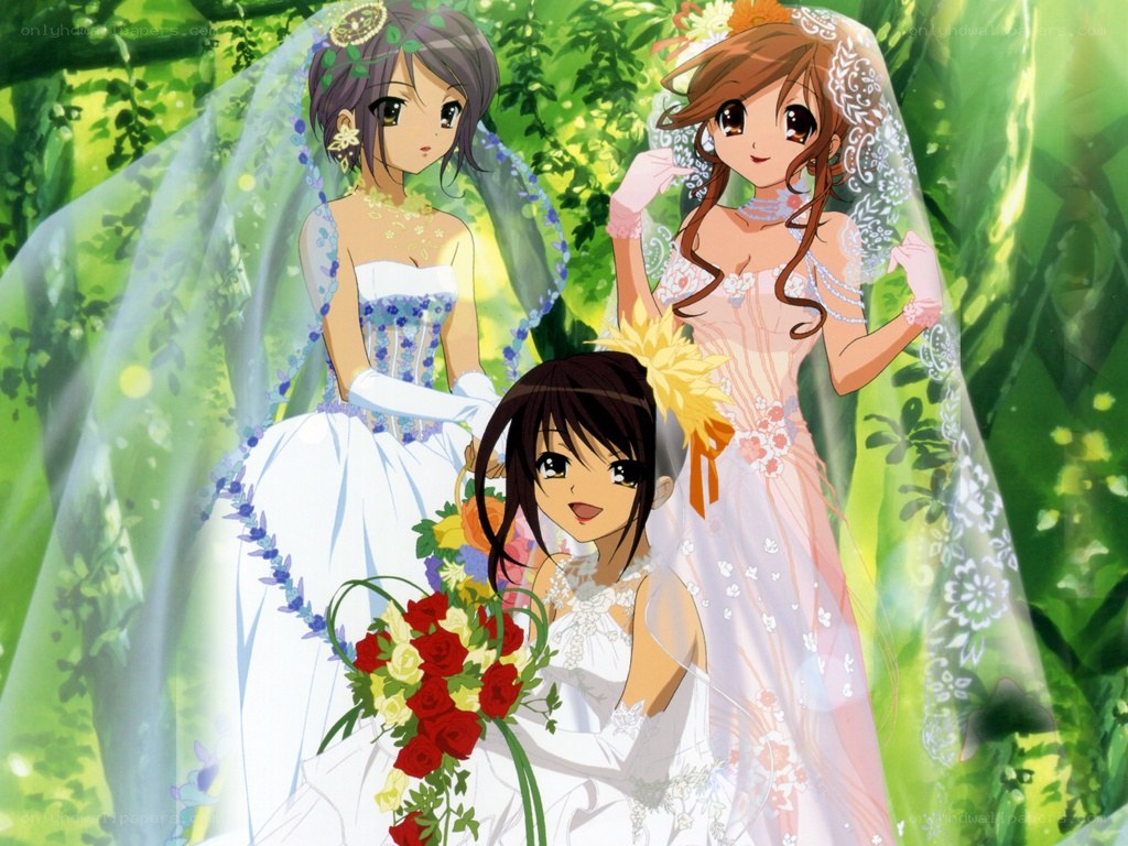 Three brides in a garden