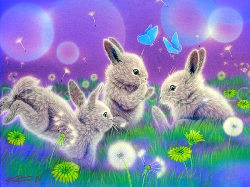 Three Bunnies in Field — Purple