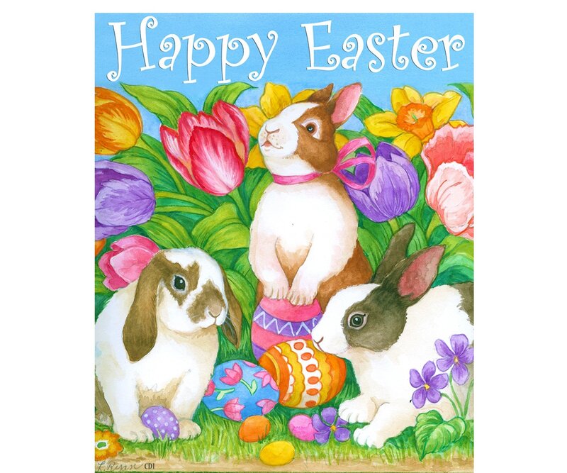 Three Bunnies in Flowers — Blue