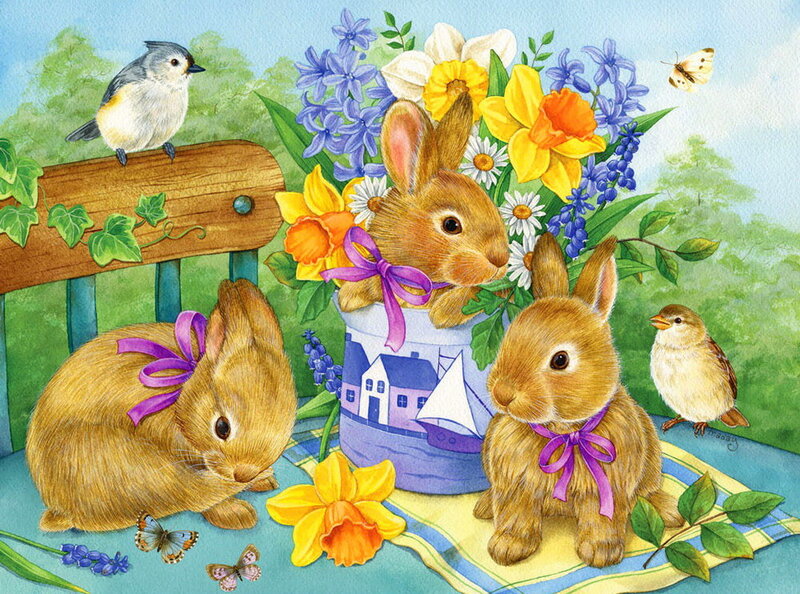 Three Bunnies with Flowers — Blue, Serene