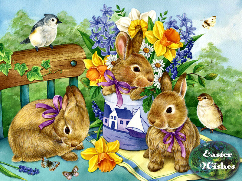 Three Bunnies with Flowers — Blue