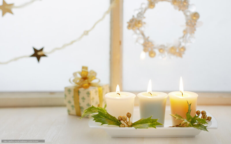 Three Candles on Tray — White, Festive, Winter, Photograph, Gift Box