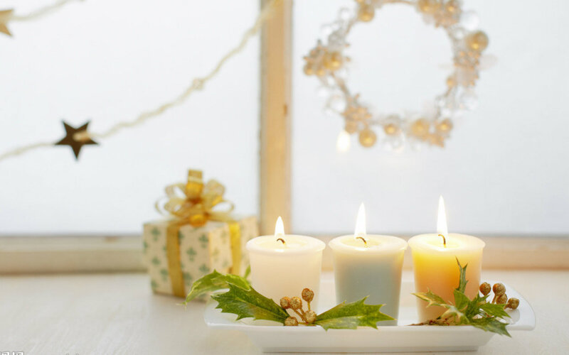 Three Candles on Tray — White, Festive, Winter, Photograph
