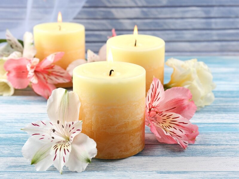 Three Candles with Flowers — Yellow, Calm