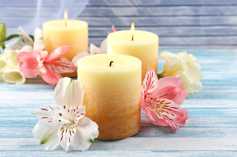 Three Candles with Flowers — Yellow