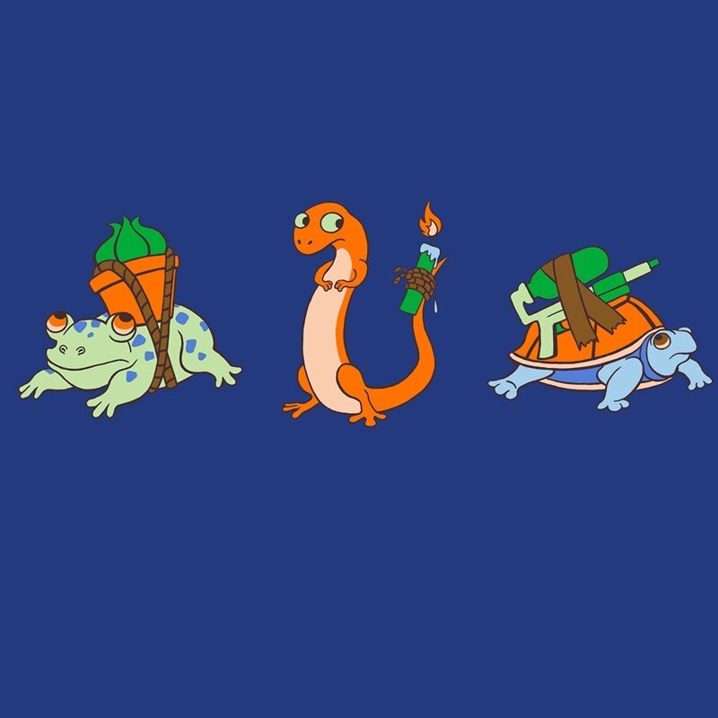 Three cartoon amphibians with gear