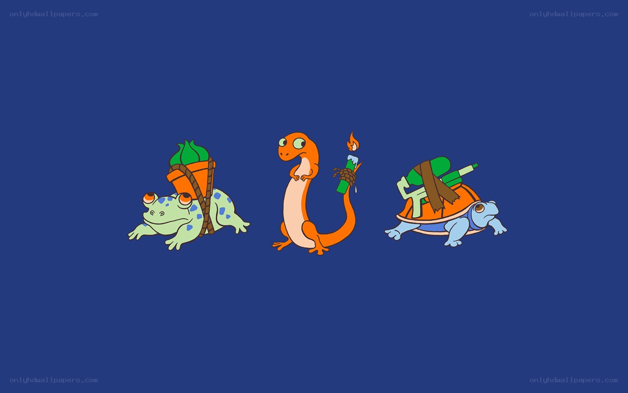 Three cartoon amphibians with gear