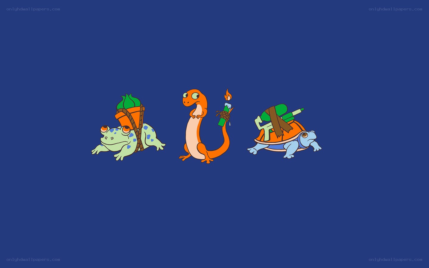 three cartoon amphibians with gear