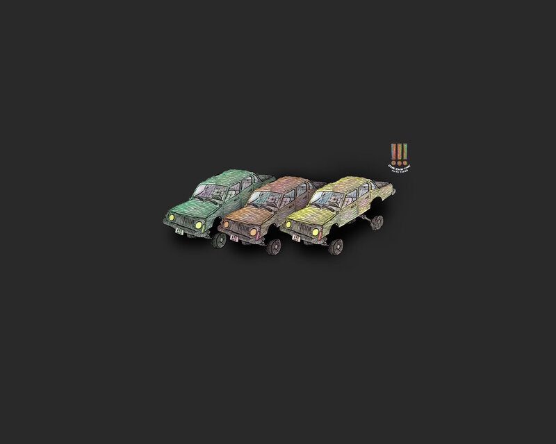three cartoon cars in a row