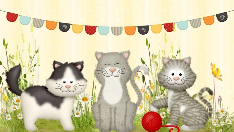 Three Cartoon Cats in Field