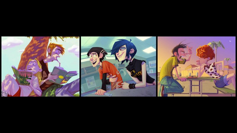 Three Cartoon Characters — Blue, Playful, Sunset