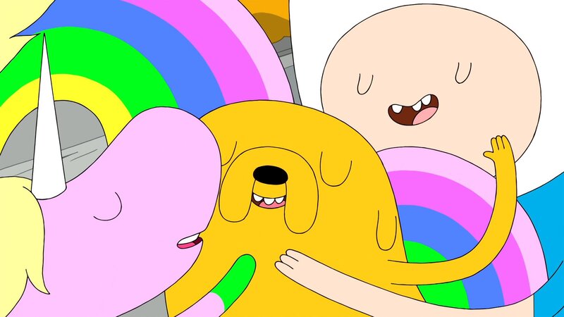 Three Cartoon Characters Hugging