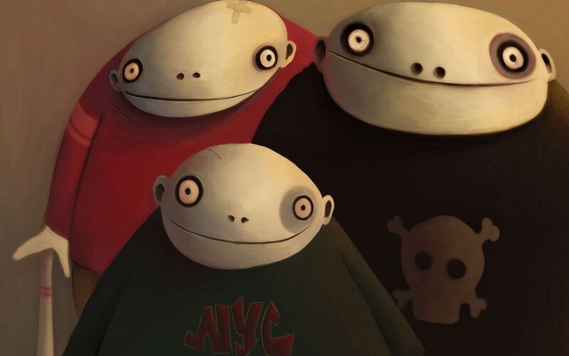 three cartoon characters in a group