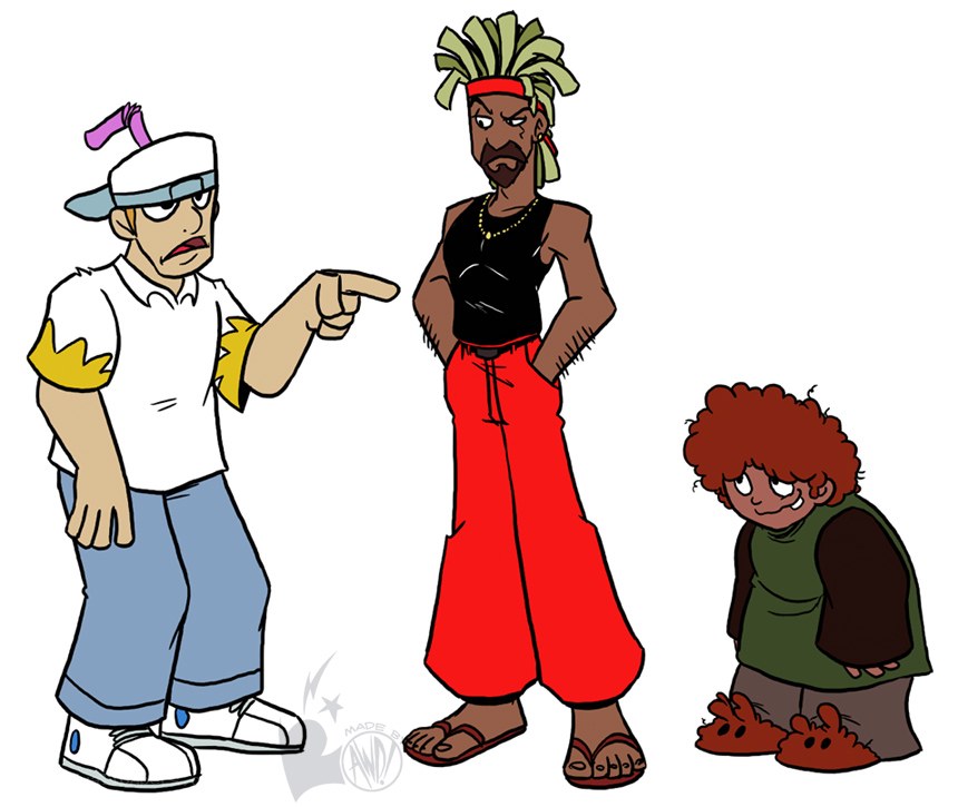 Three cartoon characters in a scene