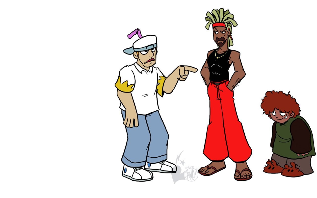 three cartoon characters in conflict