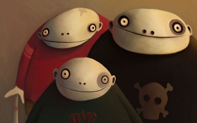 Three cartoon characters with stitched heads