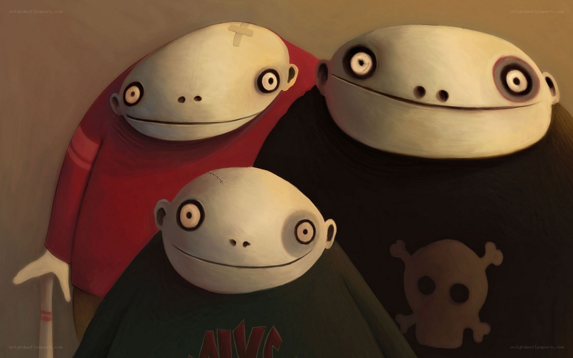 Three cartoon characters with stitched heads