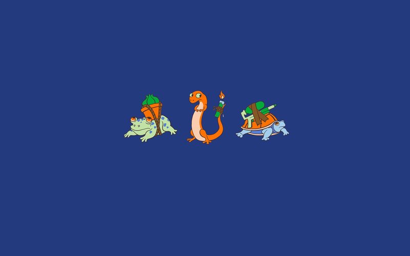 three cartoon creatures on blue