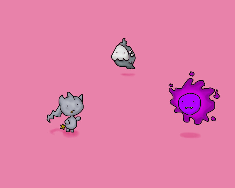 three cartoon creatures on pink