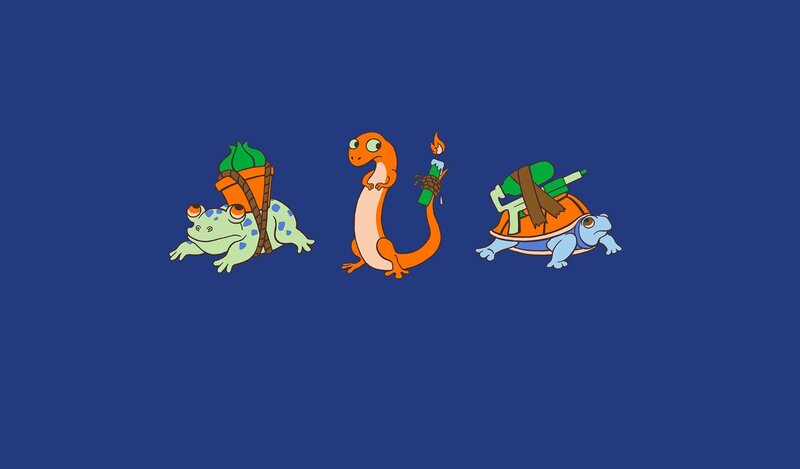 three cartoon creatures with gear