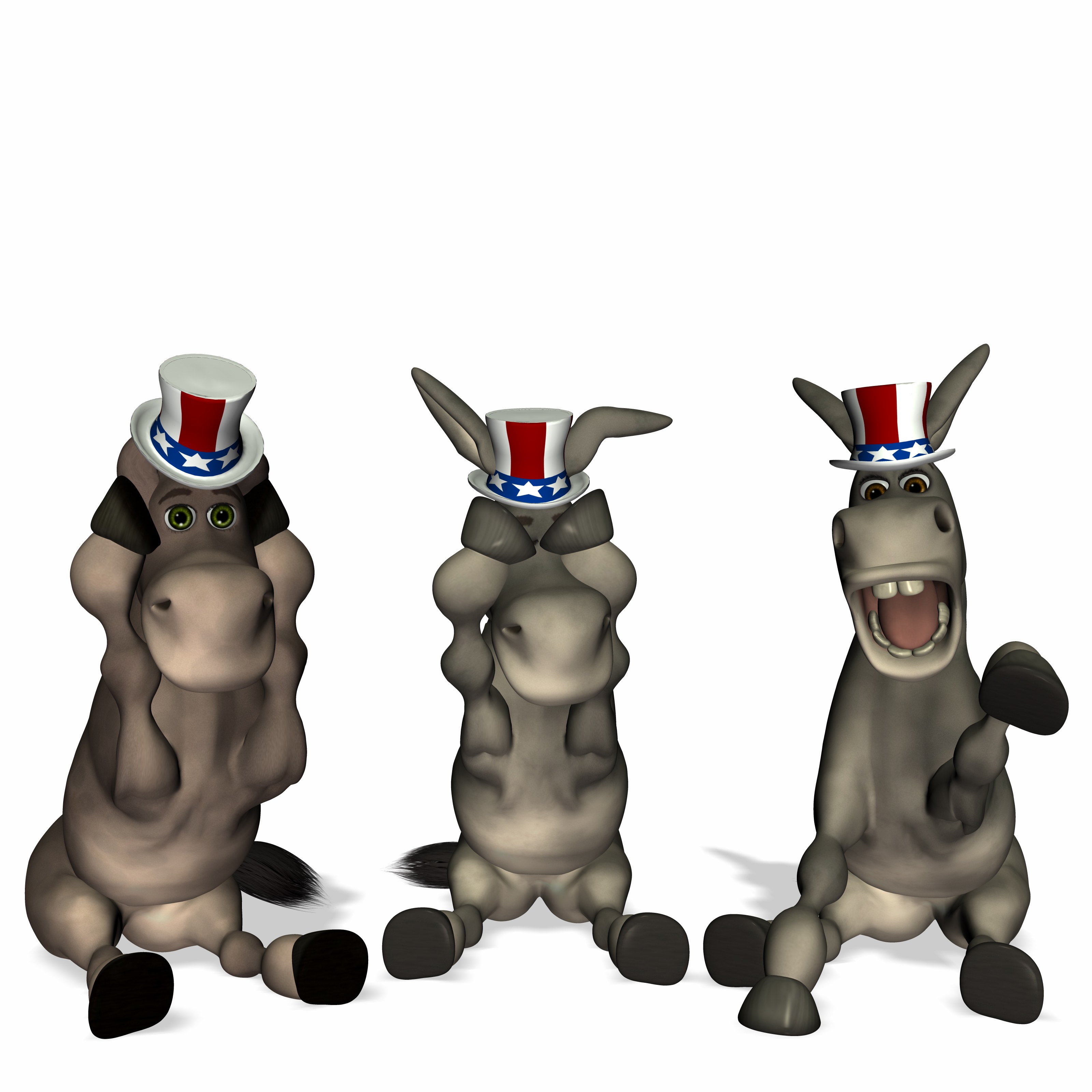 three cartoon donkeys in top hats