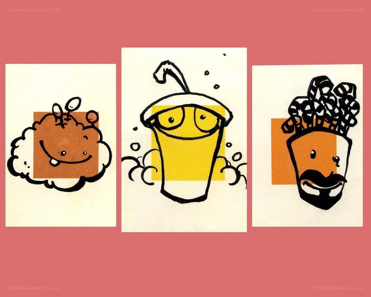 Three cartoon food characters