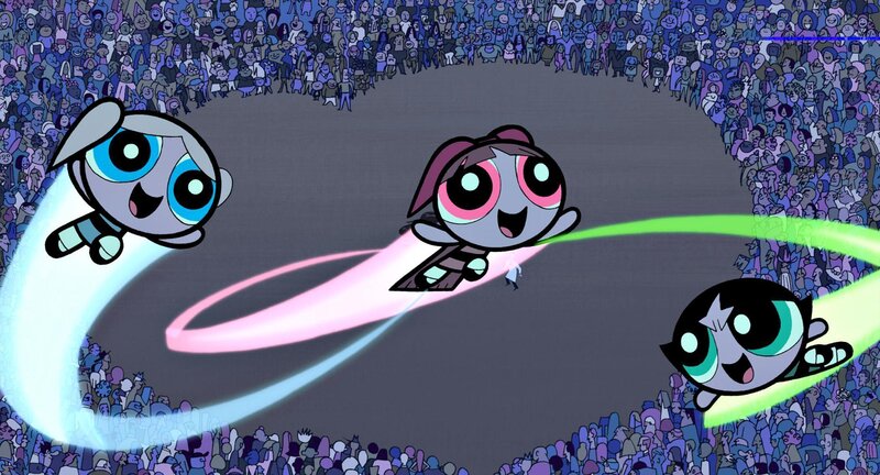 Three Cartoon Girls Flying — Blue, Energetic