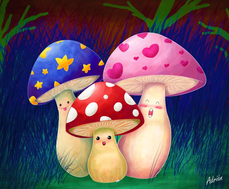 Three Cartoon Mushrooms