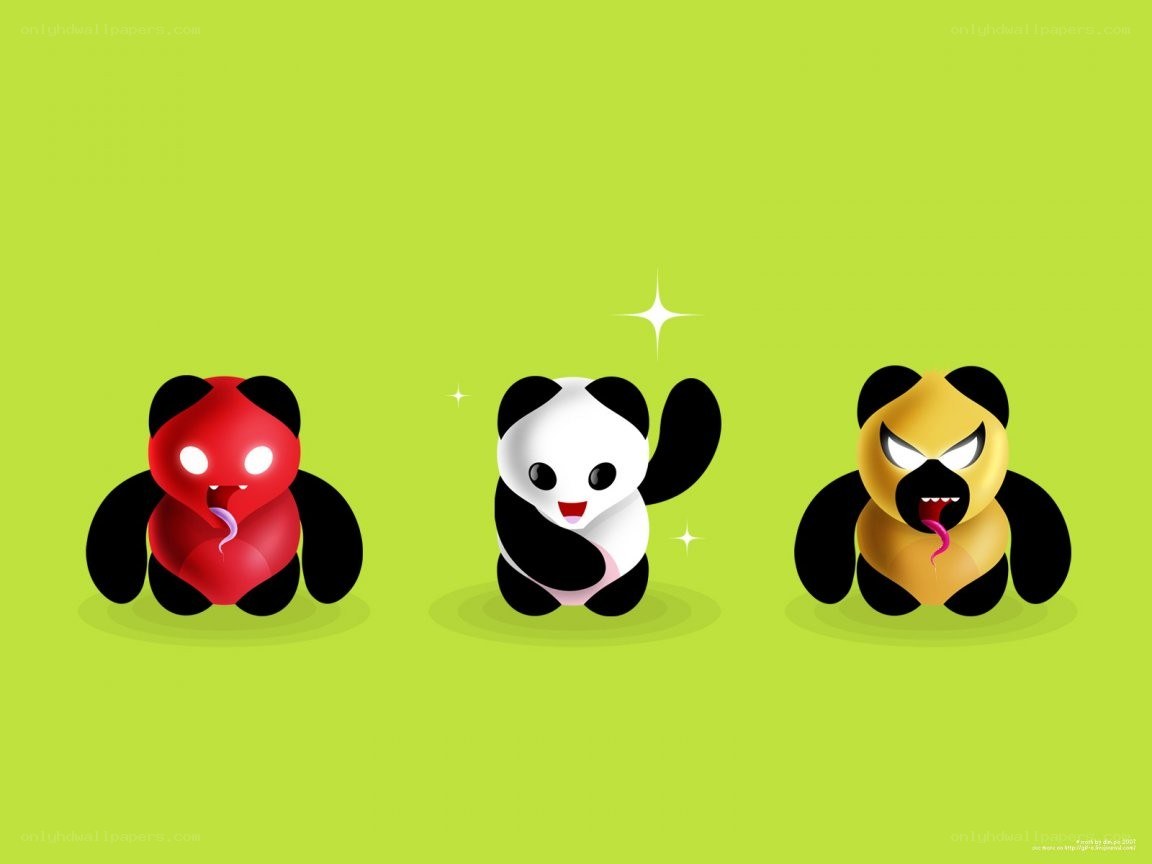 Three cartoon pandas in different colors