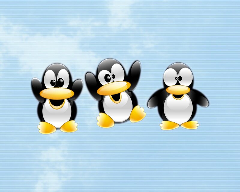 Three cartoon penguins on blue