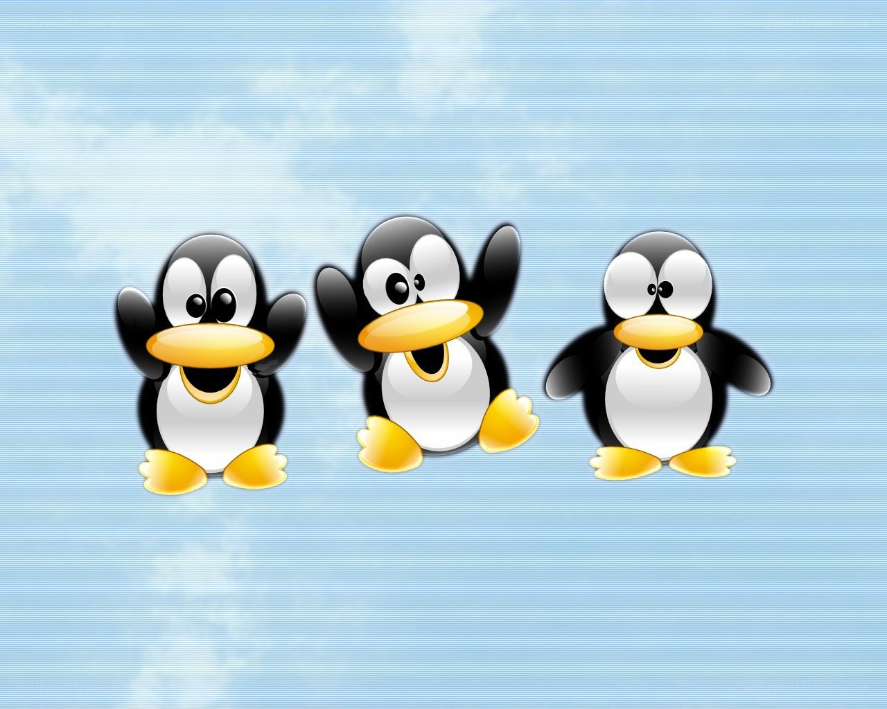 Three cartoon penguins on blue
