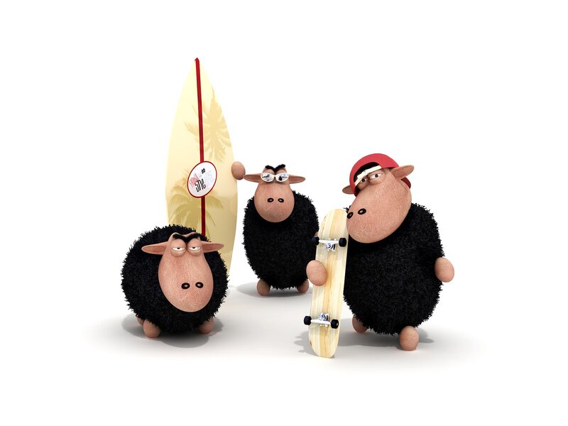 three cartoon sheep with surfboard and skateboard