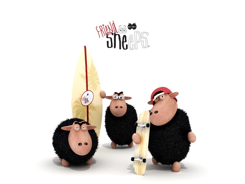 three cartoon sheep with surfboard and skateboard