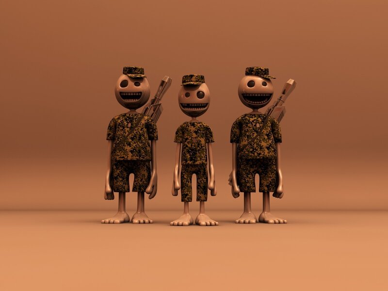 three cartoon soldiers in camouflage