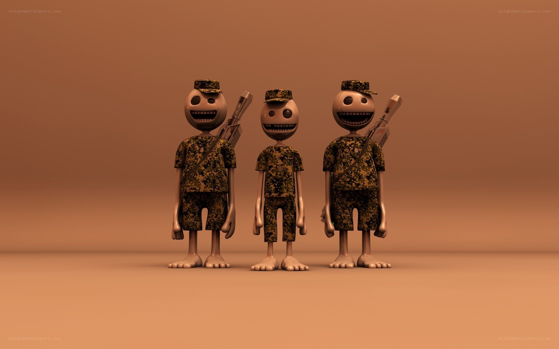 three cartoon soldiers standing