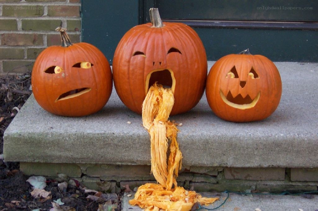 Three carved pumpkins on a step