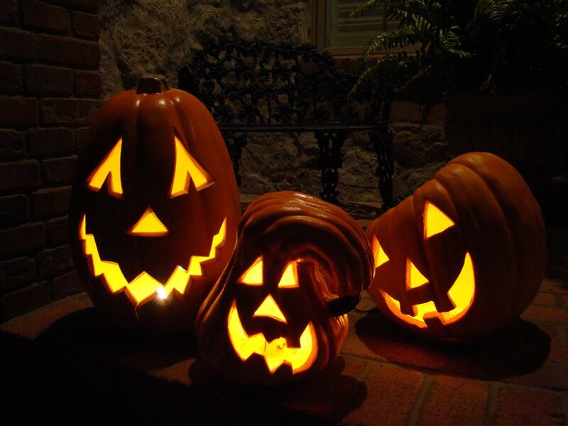 Three Carved Pumpkins — Orange, Creepy