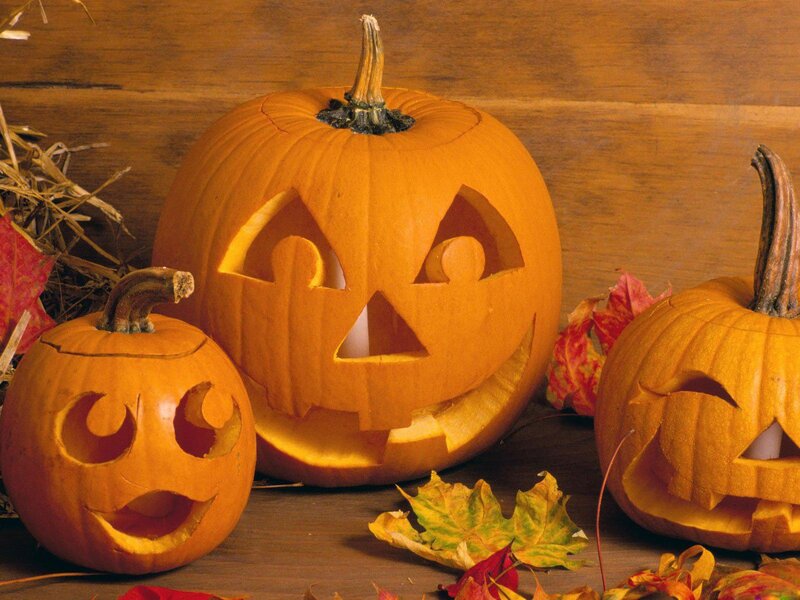 Three Carved Pumpkins — Orange, Festive, Autumn