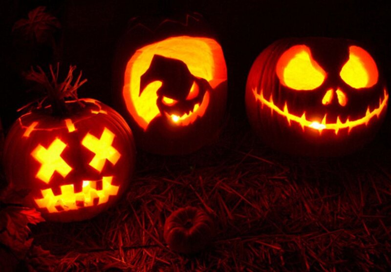 Three Carved Pumpkins — Orange, Spooky, Night, Photograph, Hay, Leaves