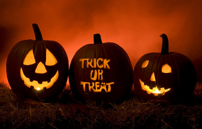 Three Carved Pumpkins — Orange, Spooky, Night, Photograph, Hay