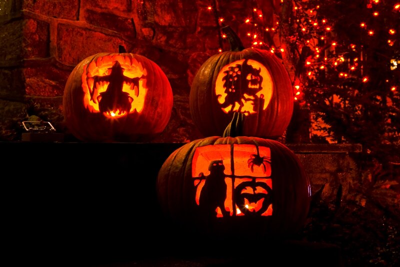 Three Carved Pumpkins — Orange, Spooky, Night, Photograph, Pumpkin