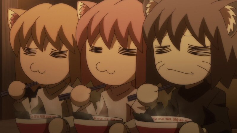 three cat-eared girls eating ramen