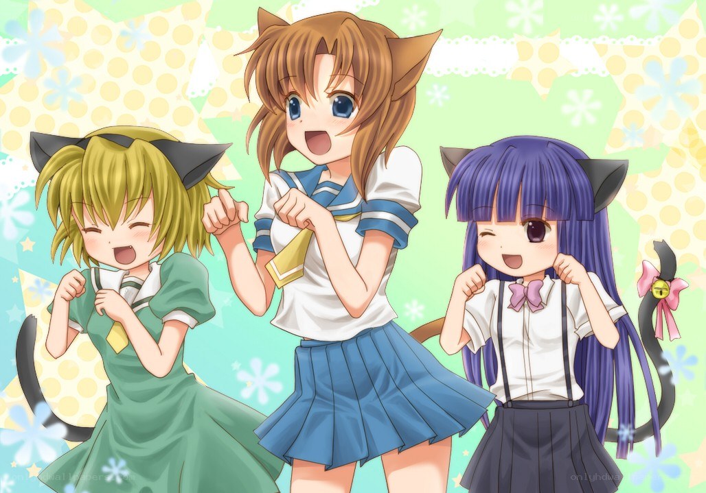 three cat-eared girls in school uniforms